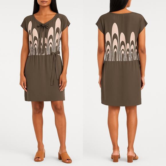 Jaeger London Pure Silk Retro Mod Print Shift Dress Size 6 Taupe Blush Pink - Picture 1 of 9
